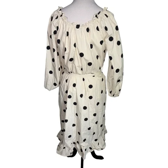 Who What Wear Polka Dot Midi Dress XS Off Shoulder Belted White Black Button Up - Picture 2 of 4